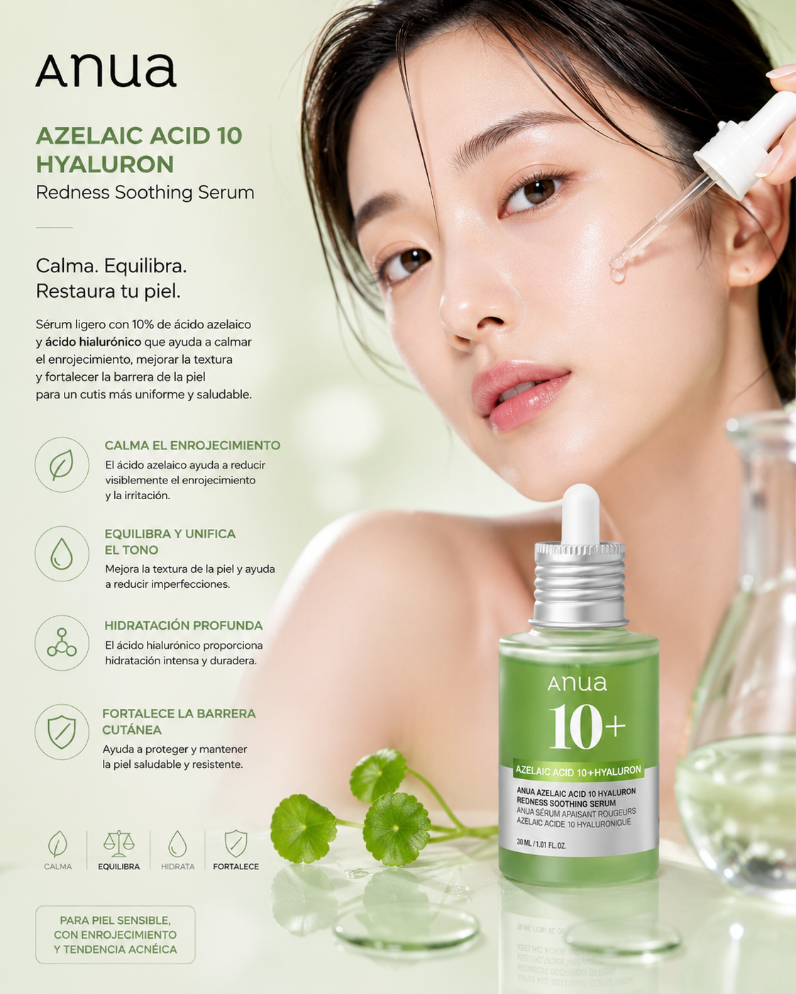 Anua Azelaic Acid 10 Hyaluron Redness Soothing Serum 30 ml con modelo y beneficios de calma y confort y luminosidad