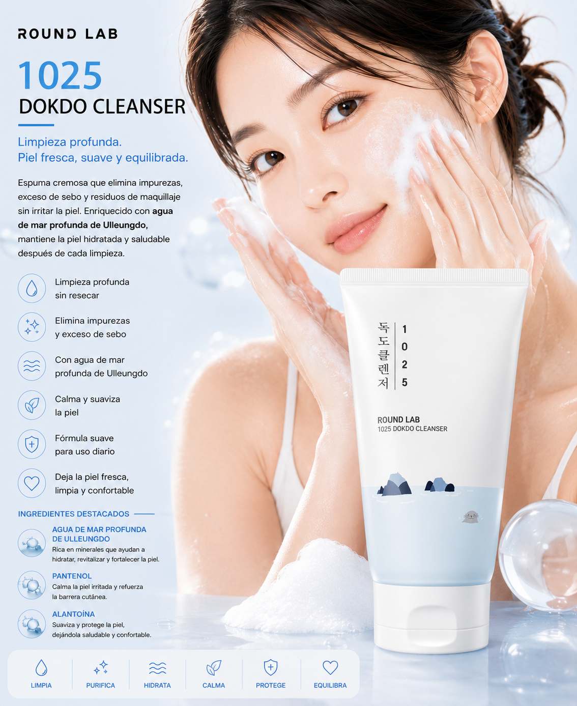 Round Lab 1025 Dokdo Cleanser 150 ml con modelo y beneficios de luminosidad y hidratación