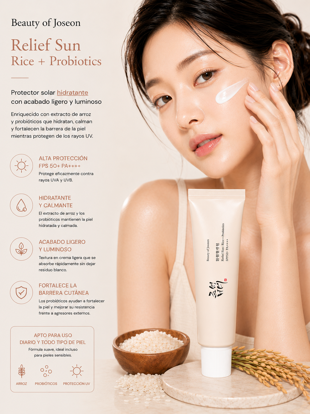 Beauty of Joseon Relief Sun Rice + Probiotics SPF50+ PA++++ 50 ml con modelo y beneficios de luminosidad y hidratación