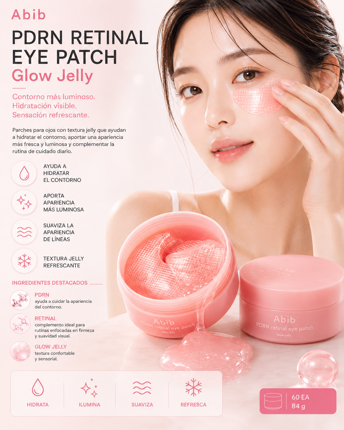 Abib PDRN Retinal Eye Patch Glow Jelly 60 pzas 84 gr con modelo y beneficios de luminosidad y hidratación