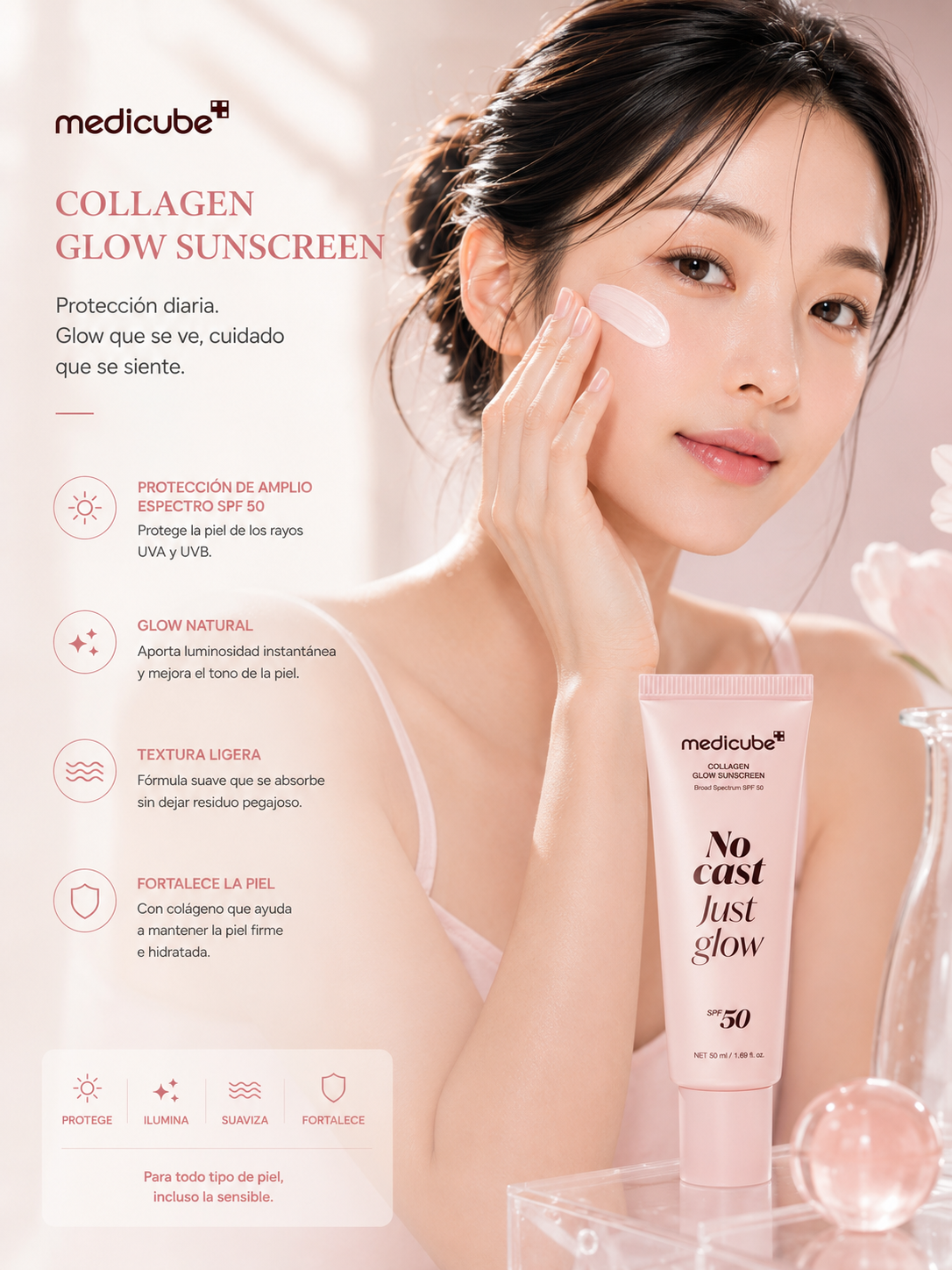 Medicube No Cast Just Glow Collagen Sunscreen SPF 50 50 ml con modelo y beneficios de luminosidad y hidratación