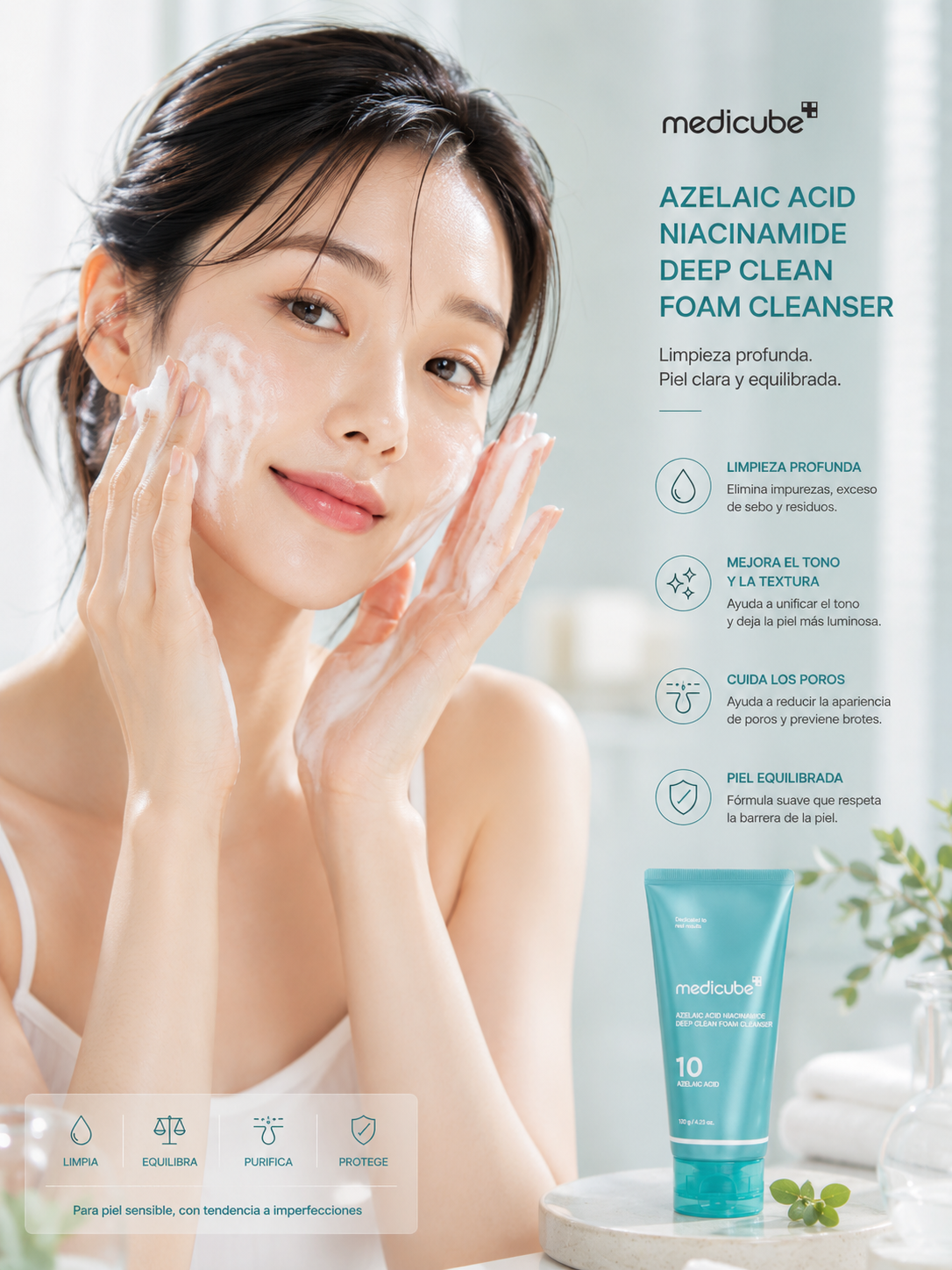 Medicube Azelaic Acid Capsule Foam Cleanser 120 gr con modelo y beneficios de luminosidad y poros y textura