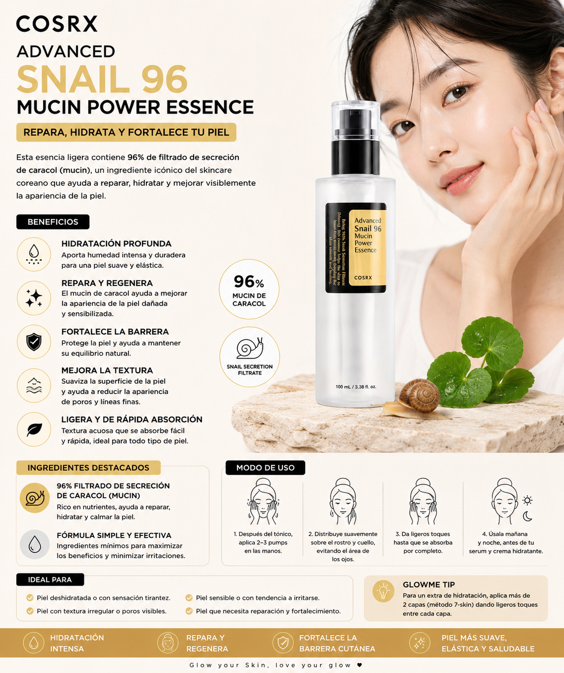 COSRX Advanced Snail 96 Mucin Power Essence 100 ml con modelo y beneficios de luminosidad y hidratación