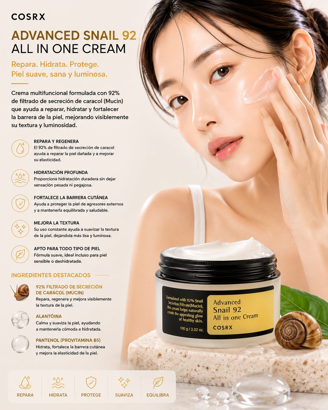 COSRX Advanced Snail 92 All In One Cream 100 gr con modelo y beneficios de luminosidad y hidratación