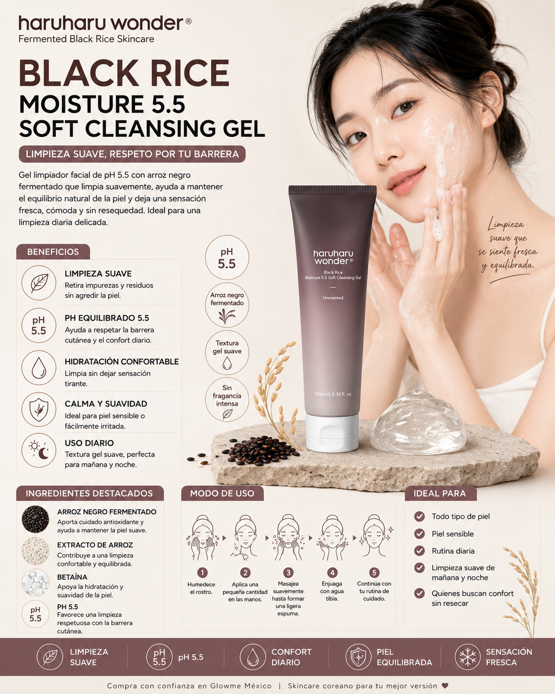 haruharu wonder Black Rice Moisture 5.5 Soft Cleansing Gel 100 ml con modelo y beneficios de hidratación y luminosidad