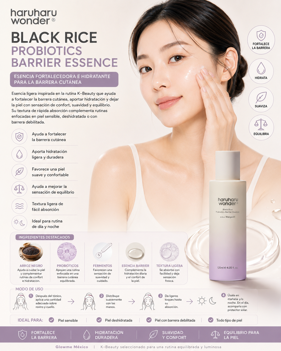 haruharu wonder Black Rice Probiotics Barrier Essence 120 ml con modelo y beneficios de barrera cutánea y luminosidad