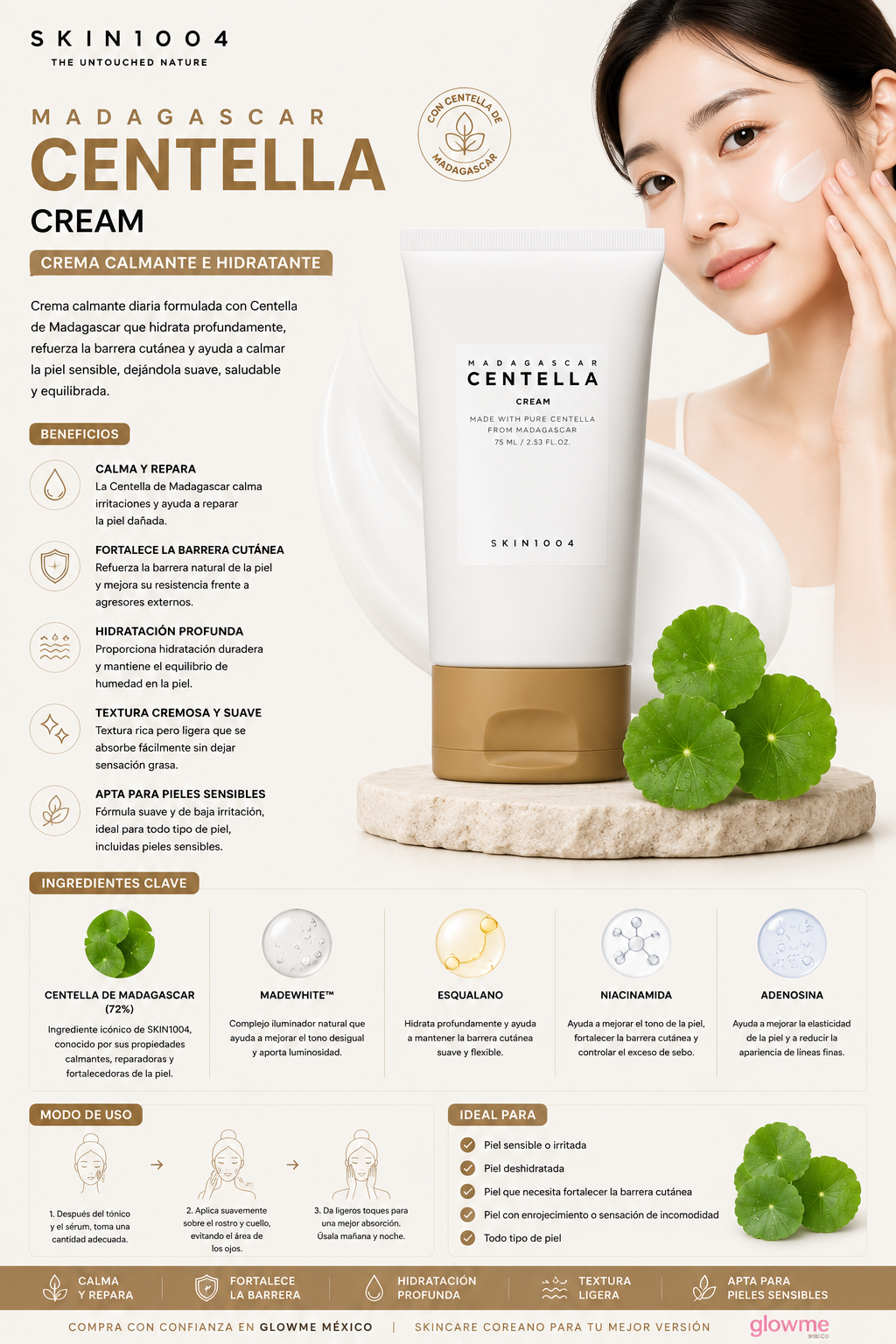 SKIN1004 Madagascar Centella Cream 75 ml con modelo y beneficios de luminosidad y hidratación