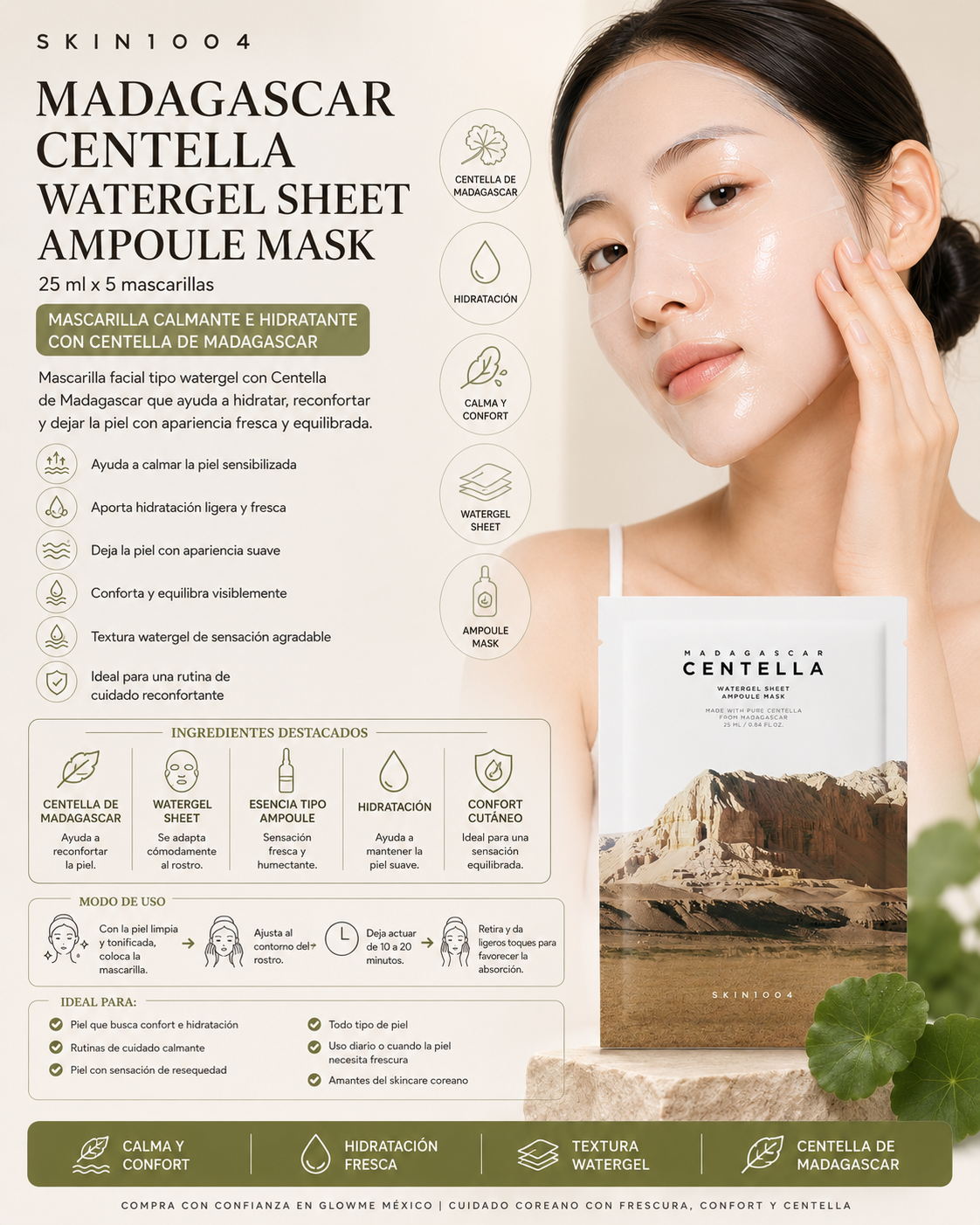 SKIN1004 Madagascar Centella Watergel Sheet Ampoule Mask 25 ml x 5 pzas con modelo y beneficios de luminosidad y hidratación
