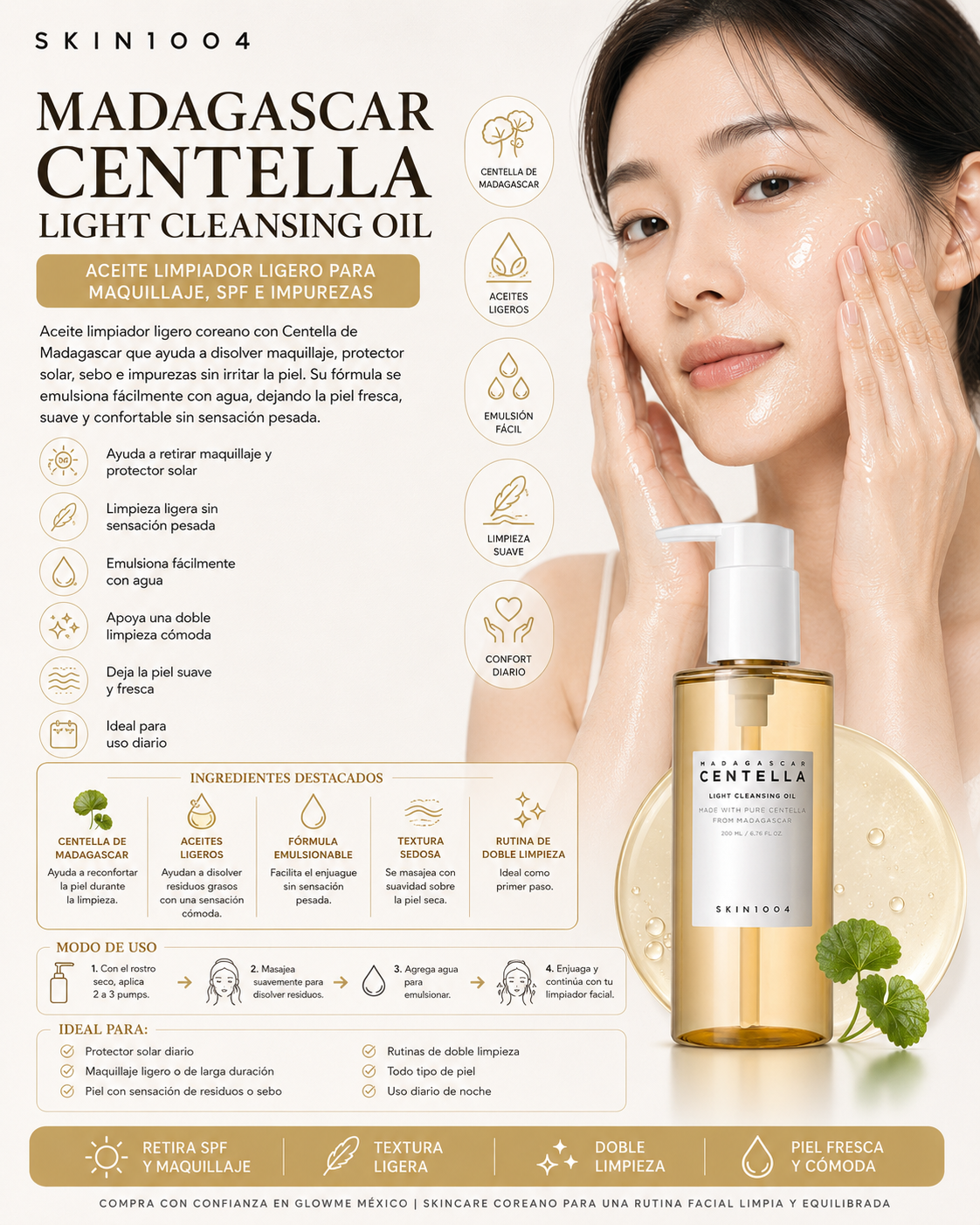 SKIN1004 Madagascar Centella Light Cleansing Oil 200 ml con modelo y beneficios de luminosidad y poros y textura