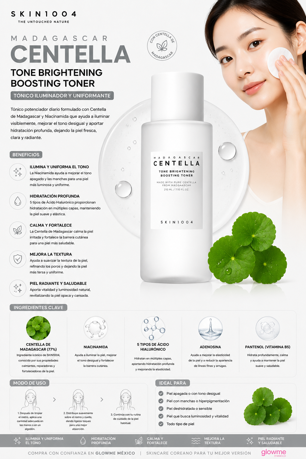 SKIN1004 Madagascar Centella Tone Brightening Boosting Toner 210 ml con modelo y beneficios de luminosidad y hidratación