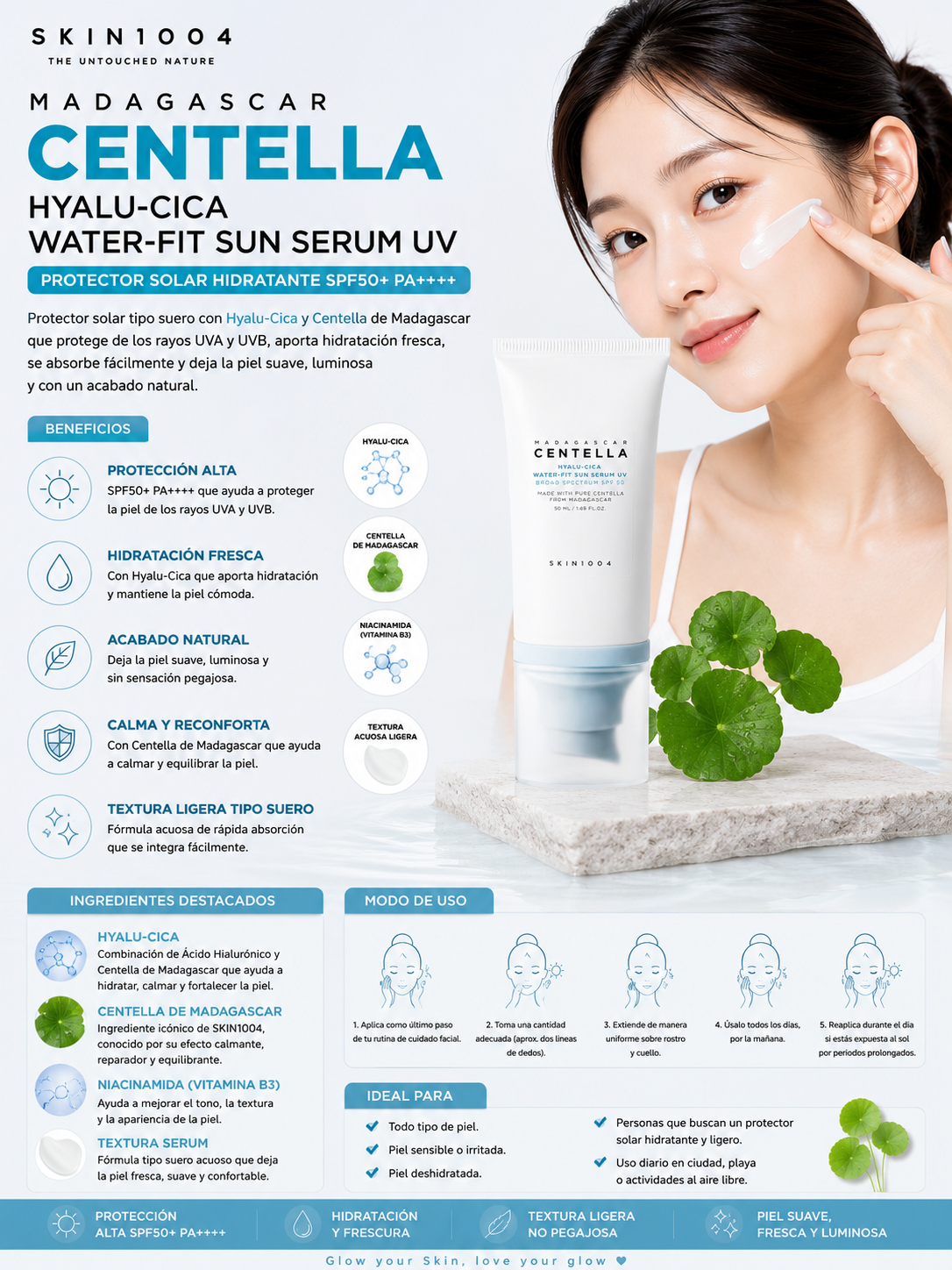 SKIN1004 Madagascar Centella Hyalu-Cica Water-Fit Sun Serum SPF50+ PA++++ 50 ml con modelo y beneficios de luminosidad y calma y confort