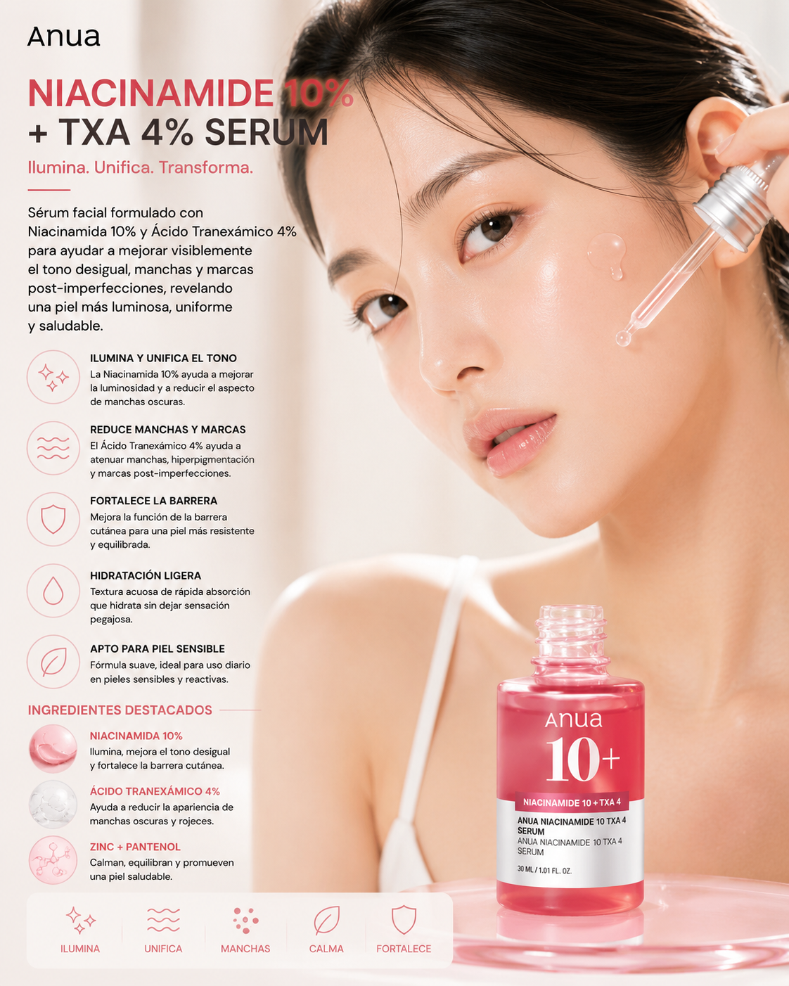 Anua Niacinamide 10 TXA 4 Serum for Brightening and Dark Spots 30 ml con modelo y beneficios de luminosidad y imperfecciones