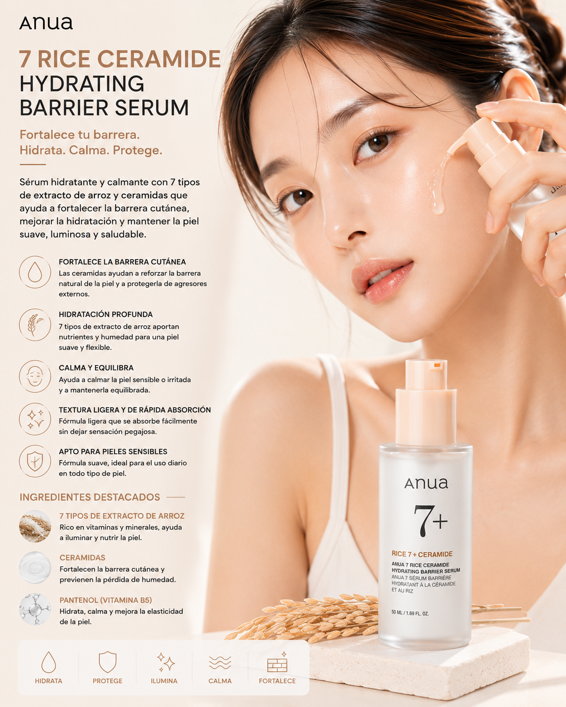 Anua Rice Ceramide 7 Hydrating Barrier Serum 50 ml con modelo y beneficios de barrera cutánea y luminosidad