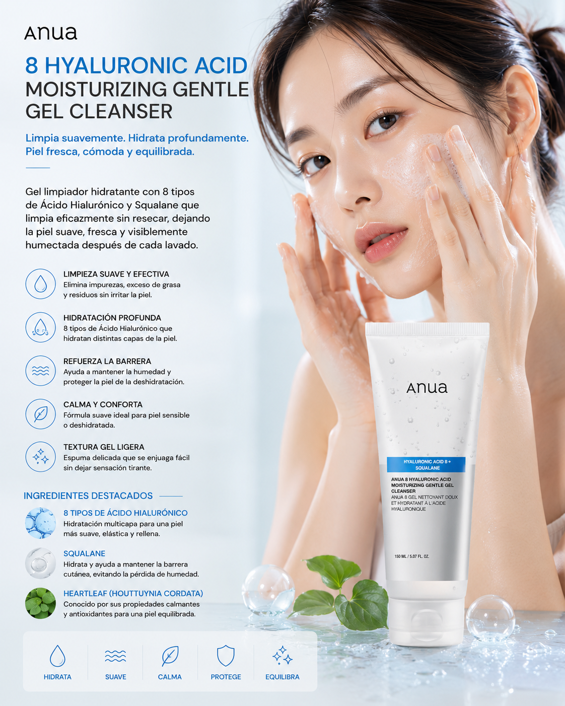Anua 8 Hyaluronic Acid Moisturizing Gentle Gel Cleanser 150 ml con modelo y beneficios de hidratación y luminosidad
