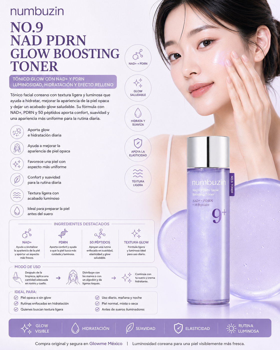 numbuzin No.9 NAD+ PDRN Glow Boosting Toner 150 ml con modelo y beneficios de luminosidad y hidratación