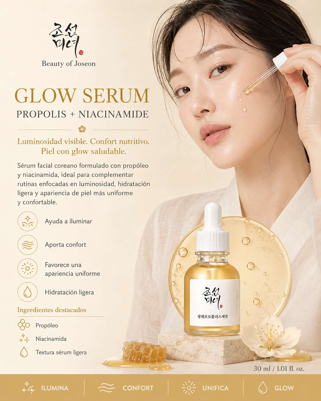 Beauty of Joseon Glow Serum Propolis + Niacinamide 30 ml con modelo y beneficios de luminosidad y poros y textura