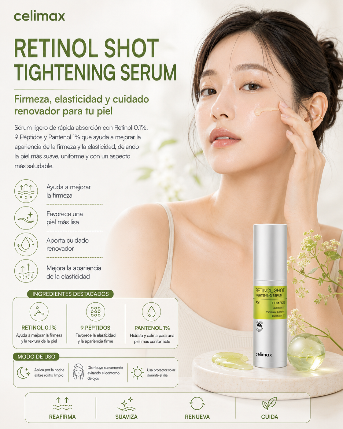 celimax The Vita-A Retinol Shot Tightening Serum 30 ml con modelo y beneficios de luminosidad y hidratación