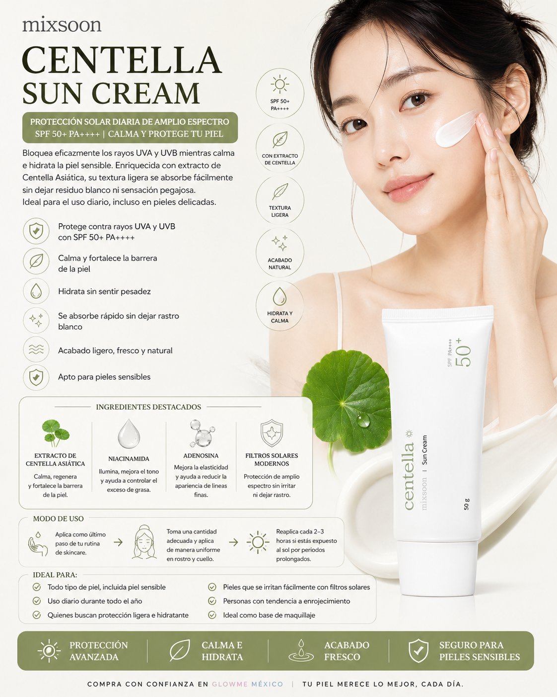 mixsoon Centella Sun Cream SPF 50+ PA++++ 50 gr con modelo y beneficios de luminosidad y hidratación
