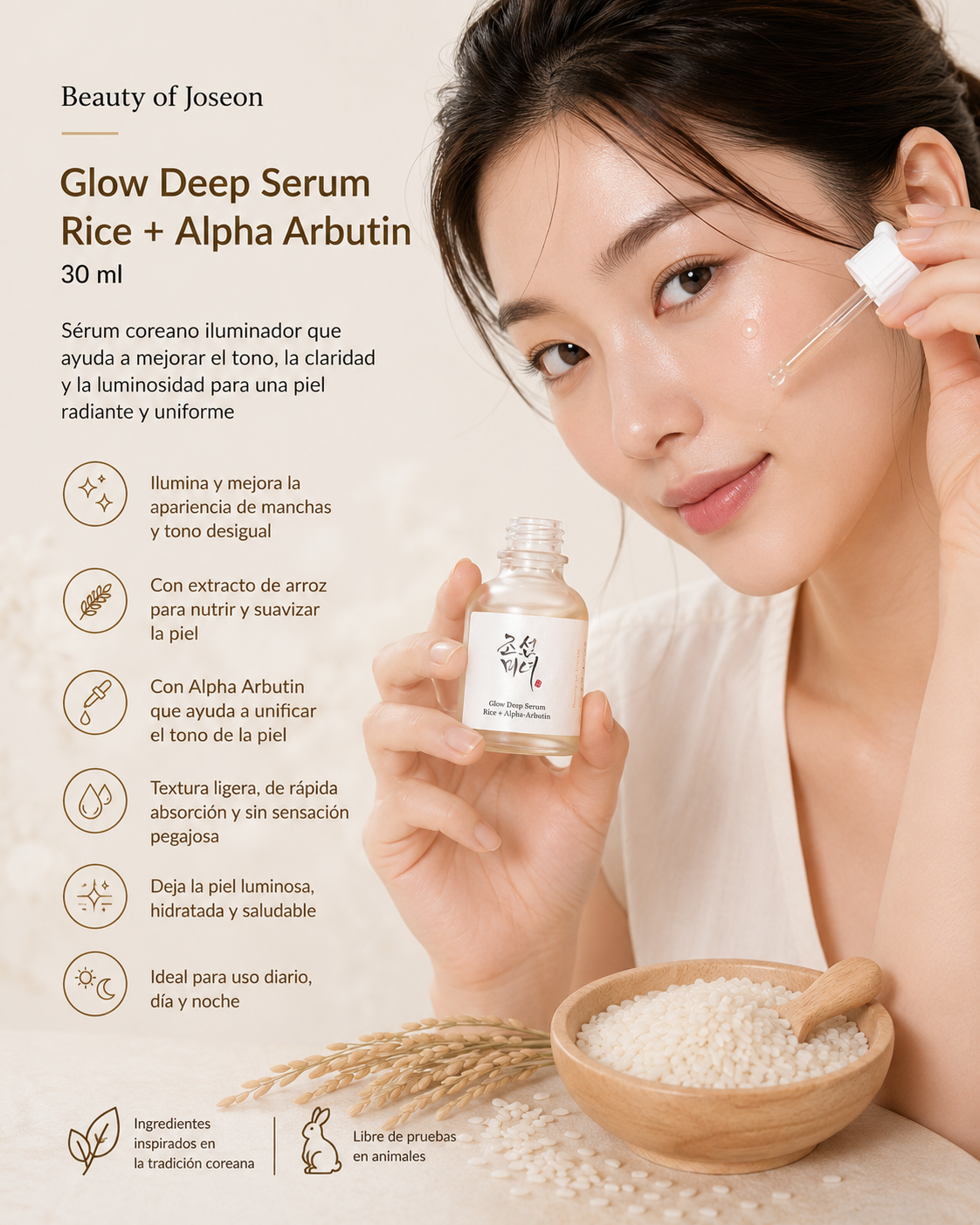 Beauty of Joseon Glow Deep Serum Rice + Alpha-Arbutin 30 ml con modelo y beneficios de luminosidad y manchas