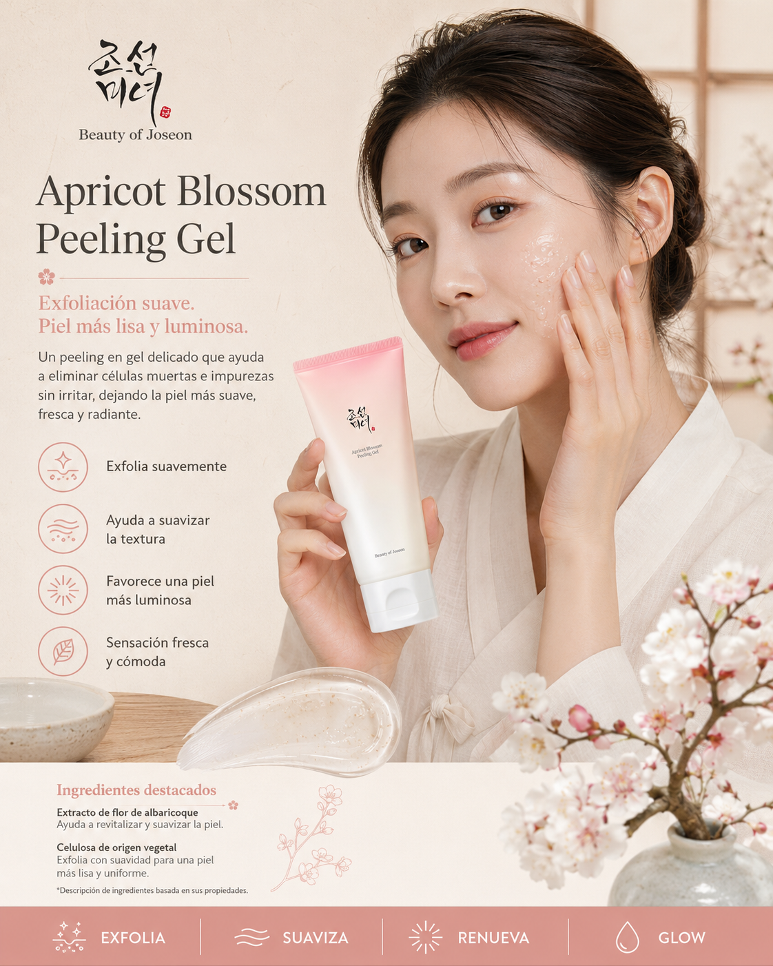 Beauty of Joseon Apricot Blossom Peeling Gel 100 ml con modelo y beneficios de luminosidad y barrera cutánea