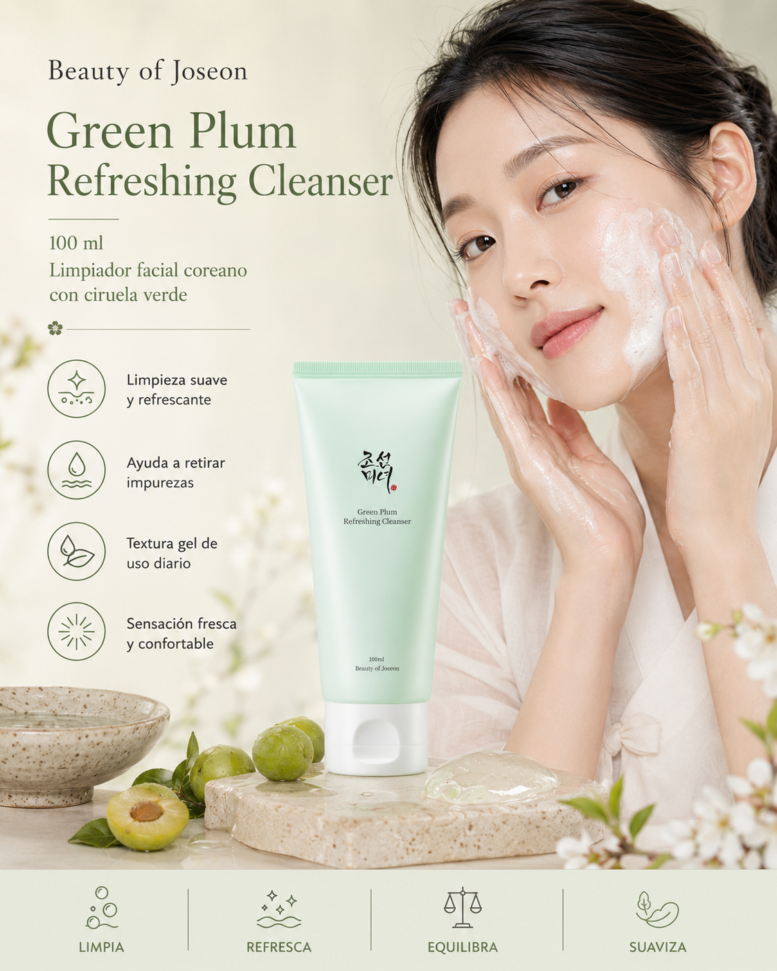 Beauty of Joseon Green Plum Refreshing Cleanser 100 ml con modelo y beneficios de luminosidad y hidratación