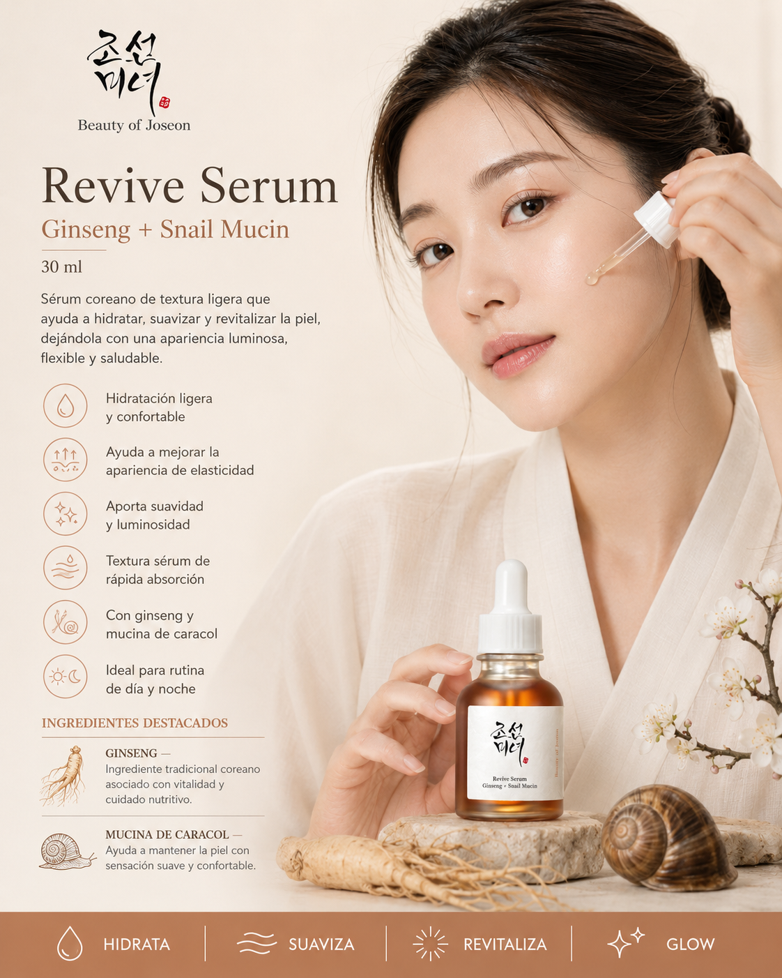 Beauty of Joseon Revive Serum Ginseng + Snail Mucin 30 ml con modelo y beneficios de luminosidad y hidratación