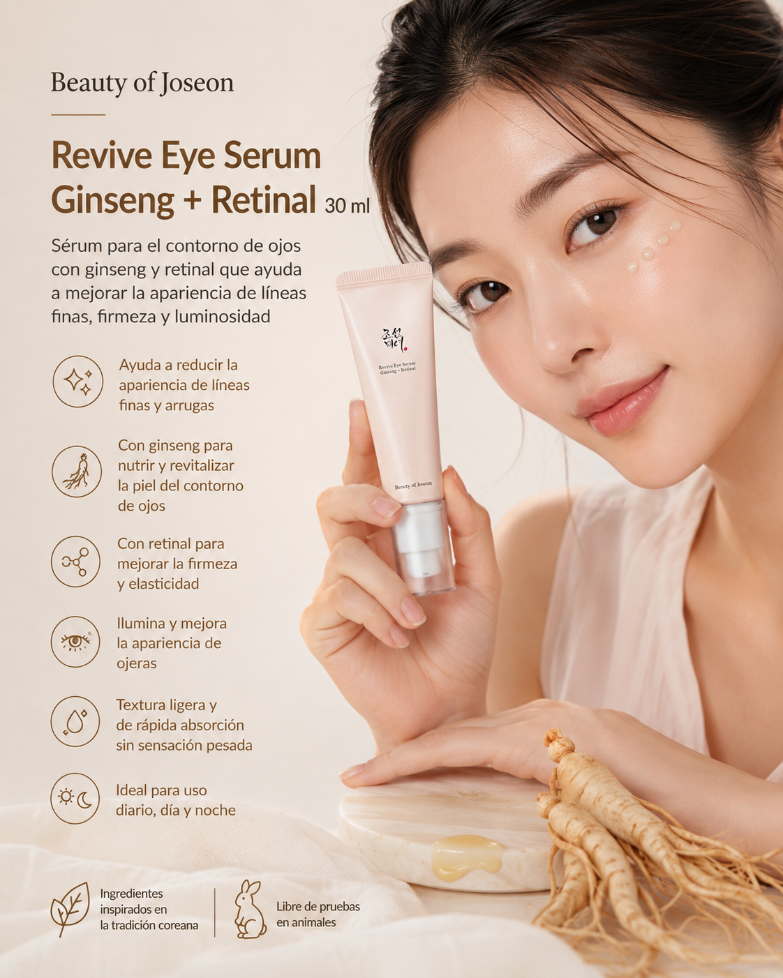 Beauty of Joseon Revive Eye Serum Ginseng + Retinal 30 ml con modelo y beneficios de luminosidad y hidratación