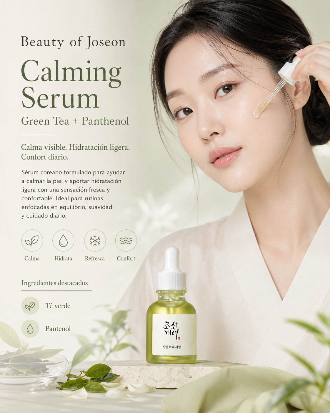 Beauty of Joseon Calming Serum Green Tea + Panthenol 30 ml con modelo y beneficios de calma y confort y luminosidad