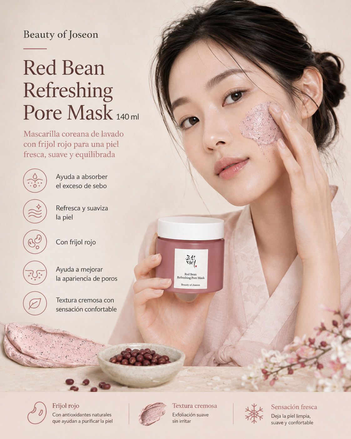 Beauty of Joseon Red Bean Refreshing Pore Mask 140 ml con modelo y beneficios de poros y textura y luminosidad