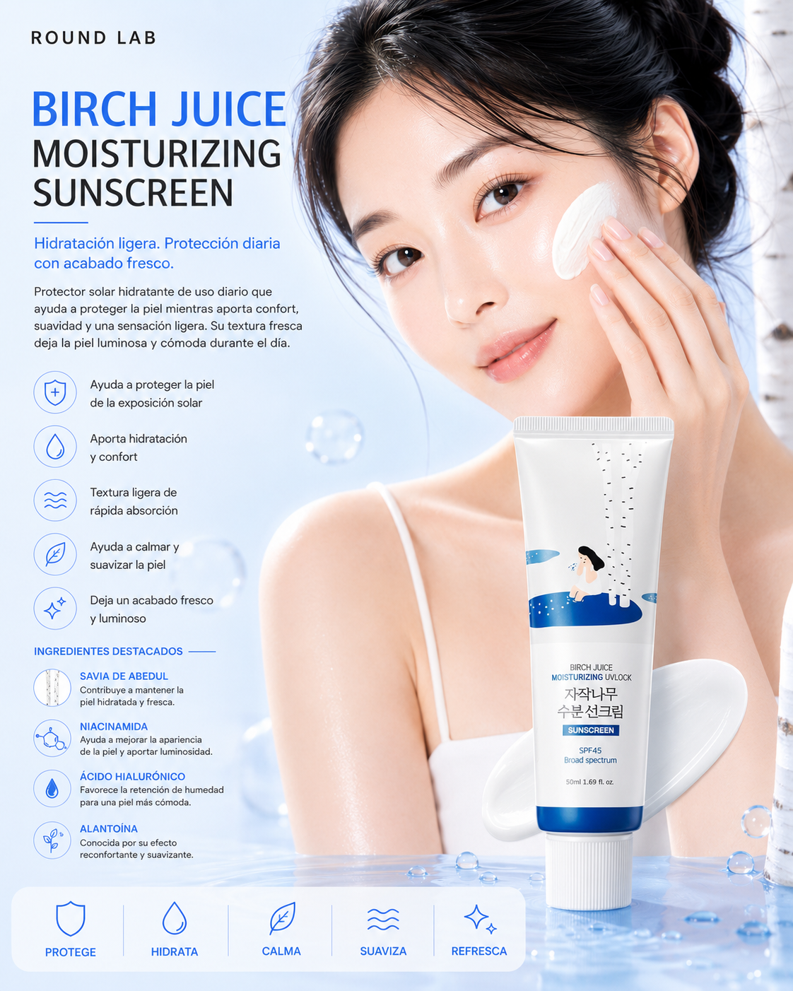 Round Lab Birch Juice Moisturizing Sun Cream SPF 50+ PA++++ 50 ml con modelo y beneficios de hidratación y luminosidad