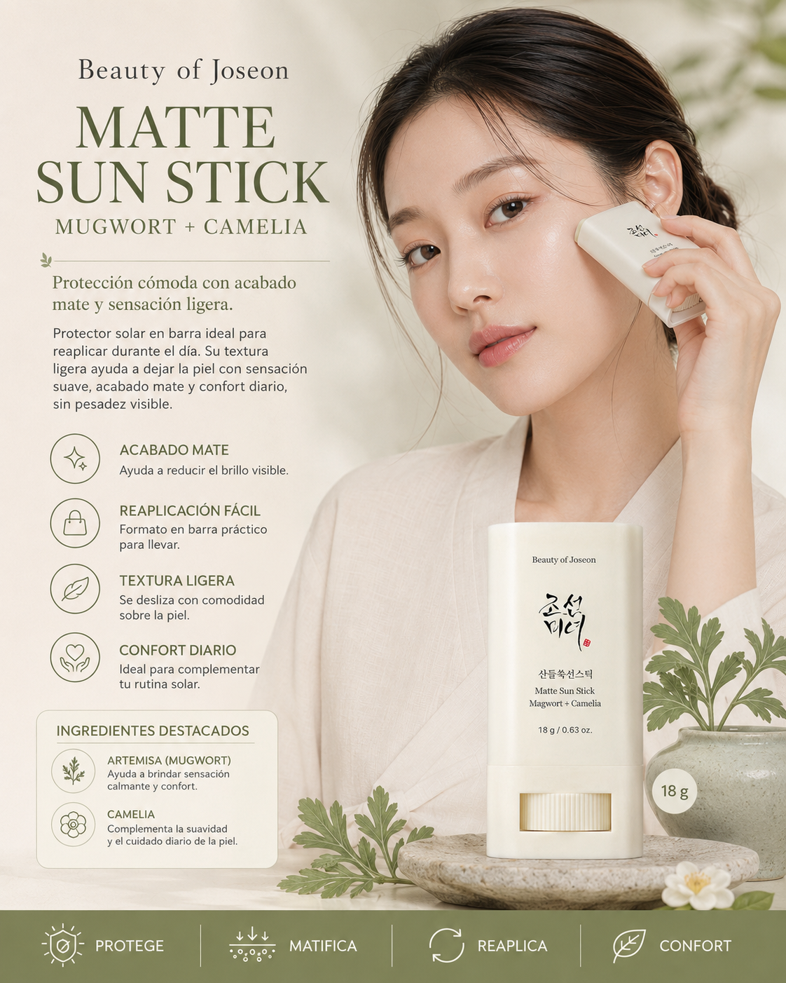 Beauty of Joseon Matte Sun Stick Mugwort + Camelia SPF50+ PA++++ 18 gr con modelo y beneficios de luminosidad y hidratación