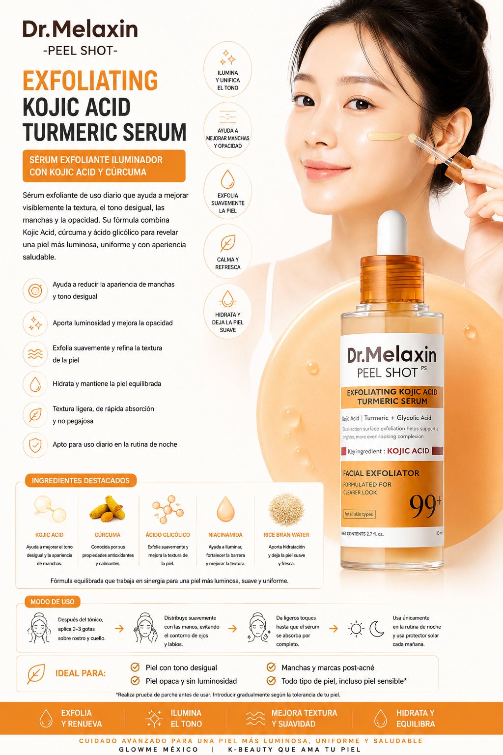 Dr.Melaxin Peel Shot Exfoliating Kojic Acid Turmeric Serum 80 ml con modelo y beneficios de luminosidad y calma y confort