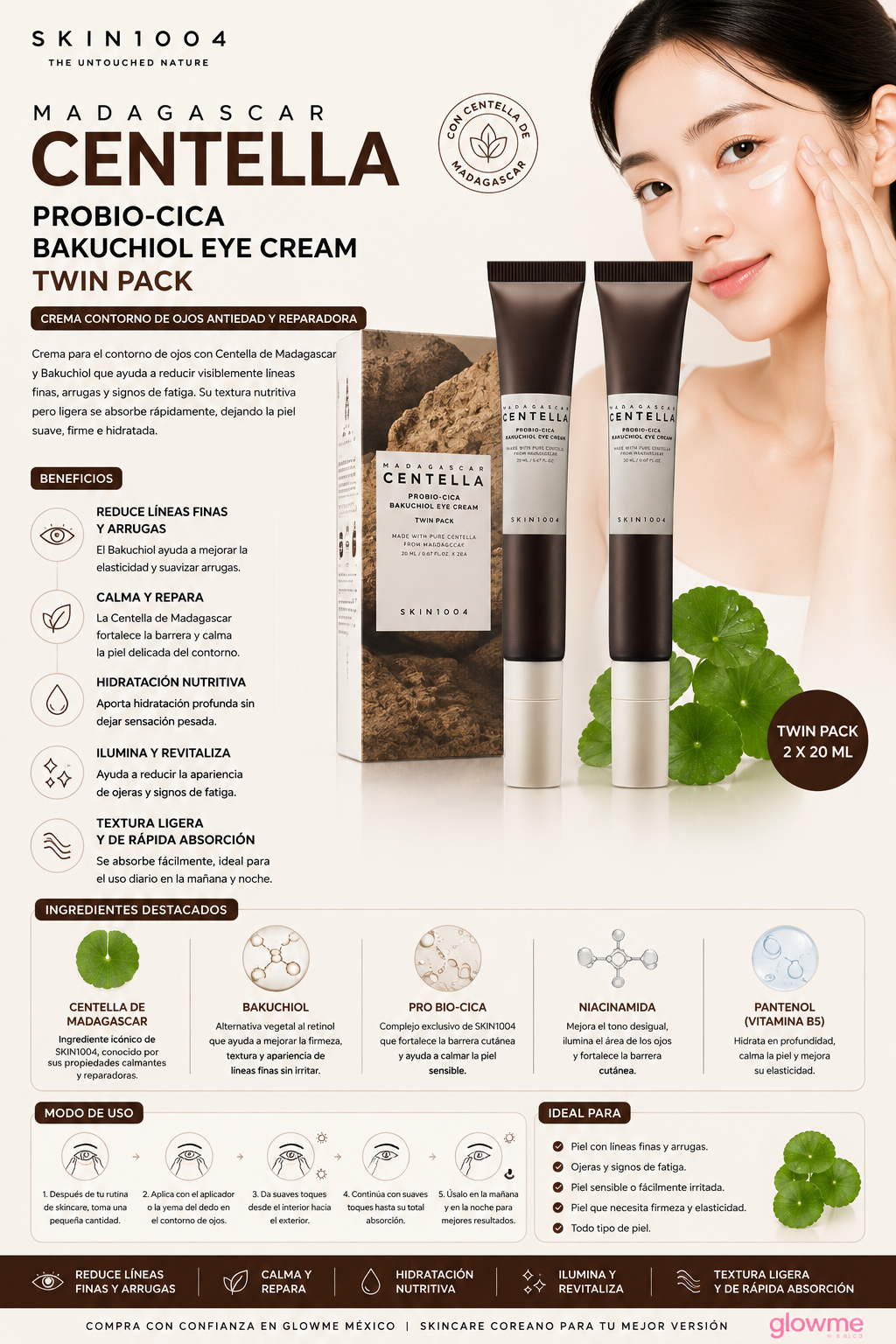 SKIN1004 Madagascar Centella Probio-Cica Bakuchiol Eye Cream 20 ml x 2 pzas con modelo y beneficios de luminosidad y firmeza