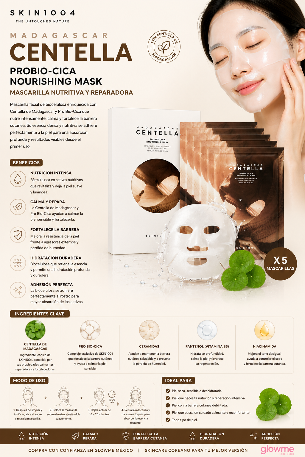 SKIN1004 Madagascar Centella Probio-Cica Nourishing Mask 22 ml x 5 pzas con modelo y beneficios de luminosidad y firmeza