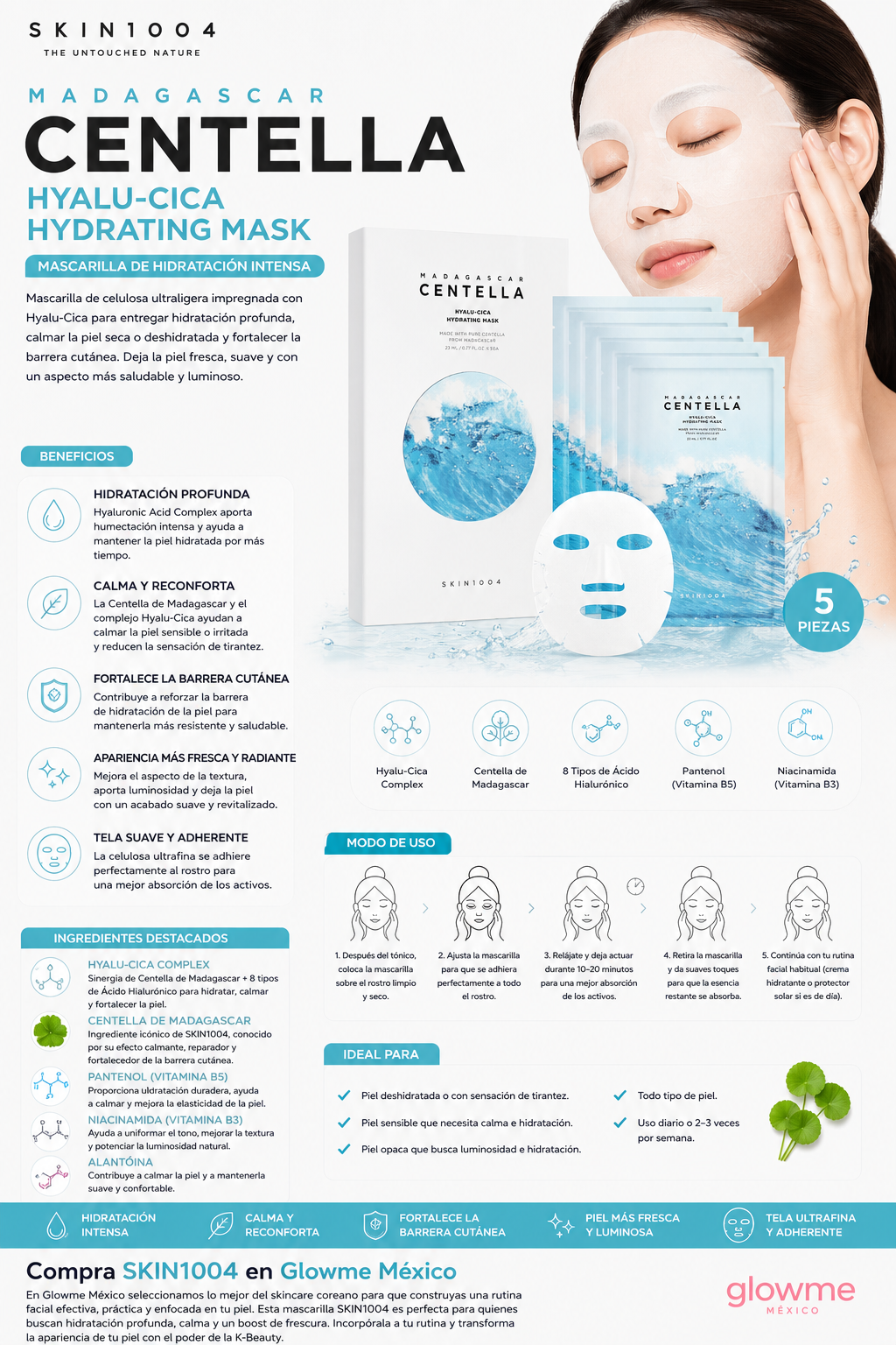 SKIN1004 Madagascar Centella Hyalu-Cica Hydrating Mask 23 ml x 5 pzas con modelo y beneficios de hidratación y luminosidad