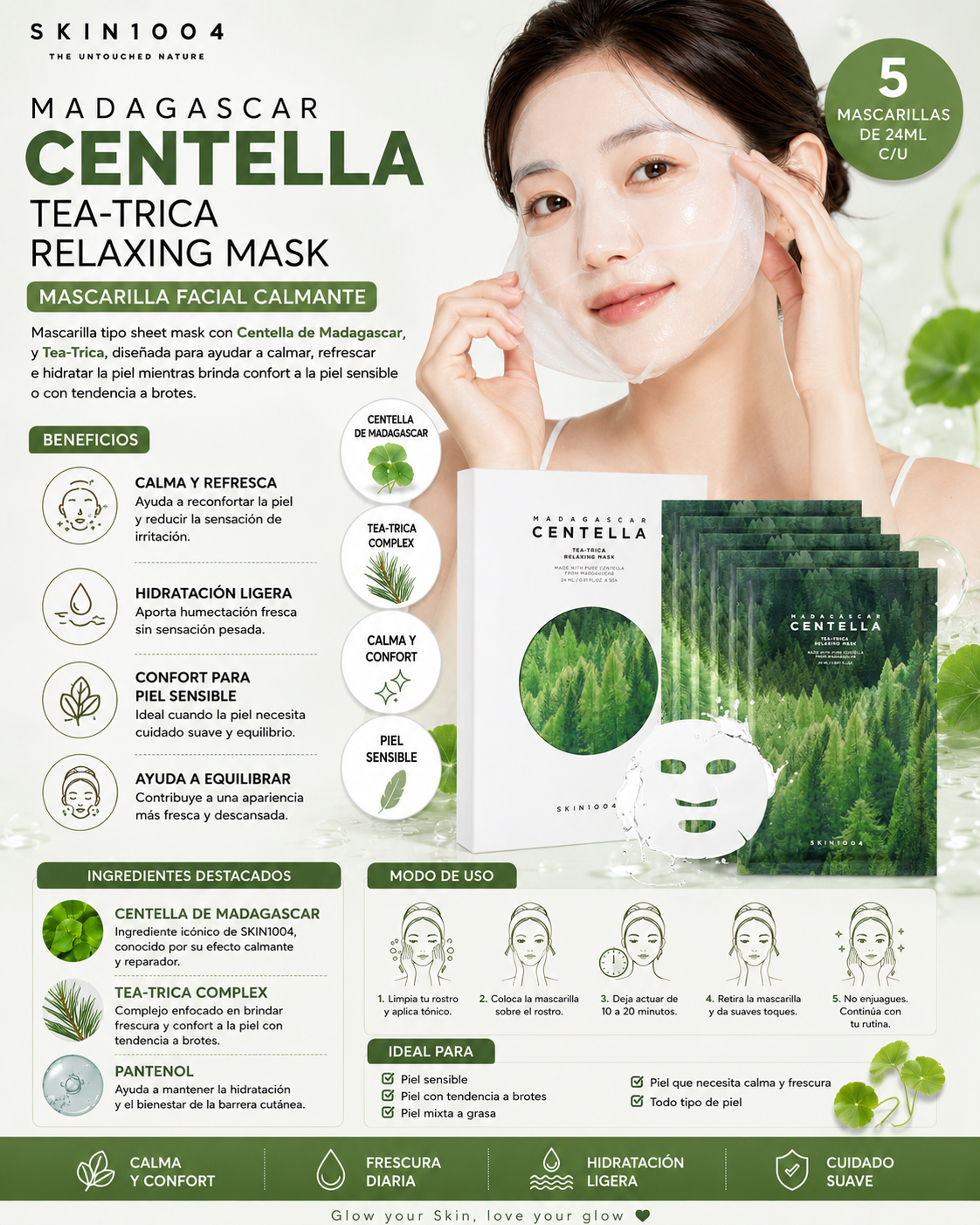 SKIN1004 Madagascar Centella Tea-Trica Relaxing Mask 24 ml x 5 pzas con modelo y beneficios de luminosidad y calma y confort