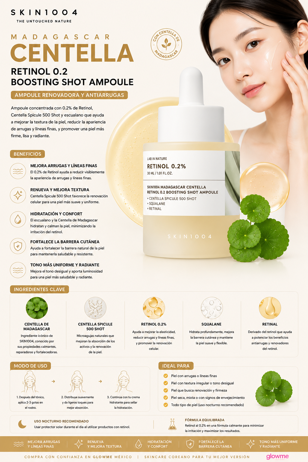 SKIN1004 Retinol 0.2 Boosting Shot Ampoule 30 ml con modelo y beneficios de luminosidad y firmeza