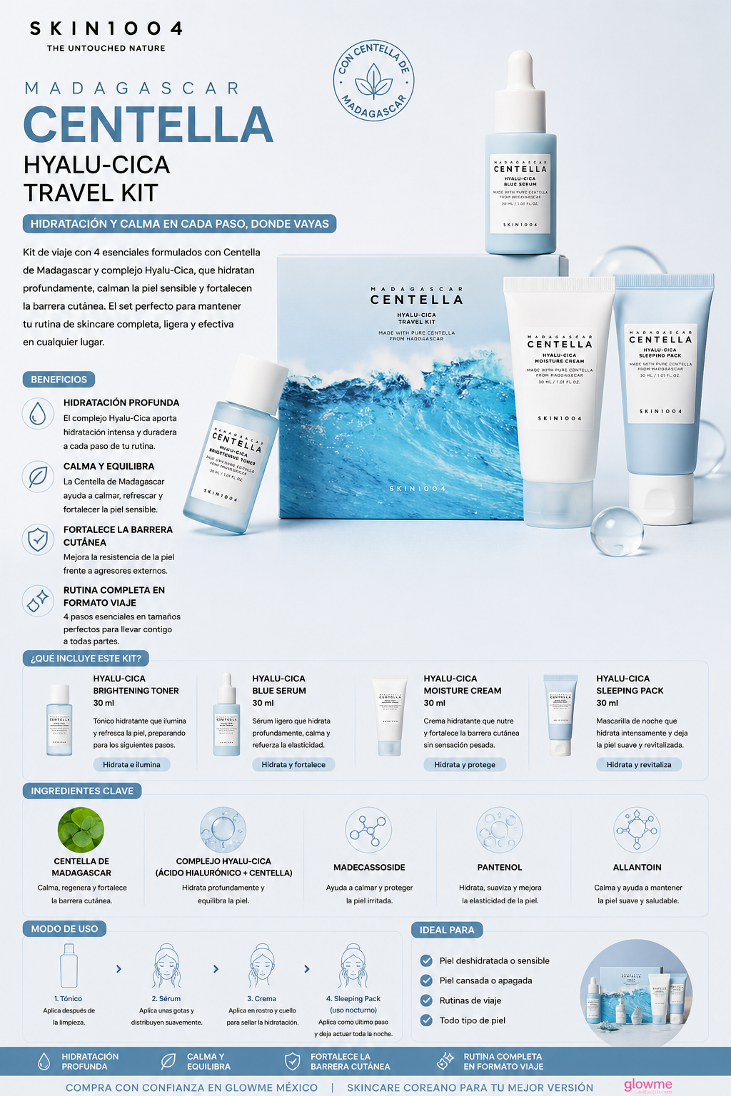 SKIN1004 Madagascar Centella Hyalu-Cica Travel Kit con modelo y beneficios de luminosidad y hidratación