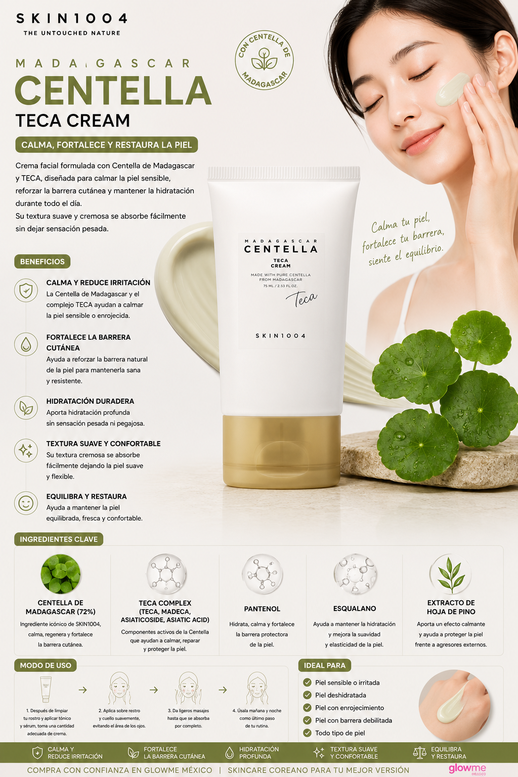 SKIN1004 Centella Teca Cream 75 ml con modelo y beneficios de luminosidad y calma y confort