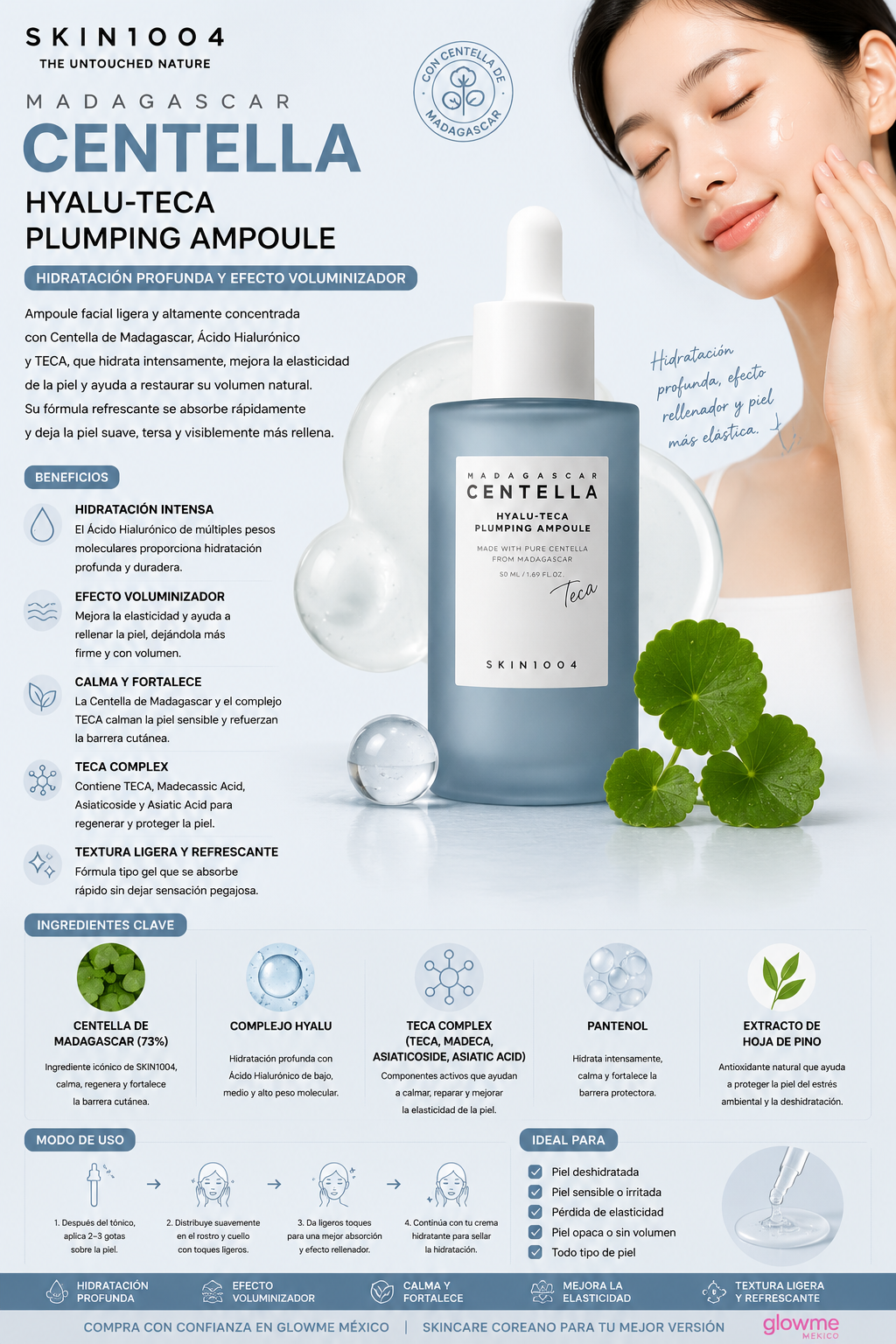 SKIN1004 Madagascar Centella Hyalu-Teca Plumping Ampoule 50 ml con modelo y beneficios de luminosidad y hidratación