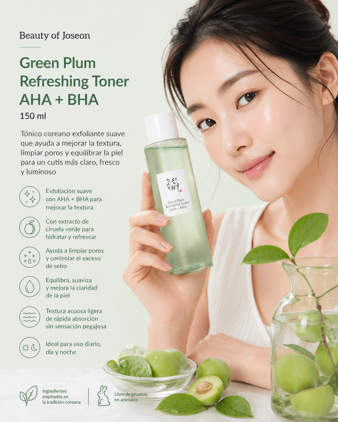 Beauty of Joseon Green Plum Refreshing Toner AHA + BHA 150 ml con modelo y beneficios de luminosidad y poros y textura