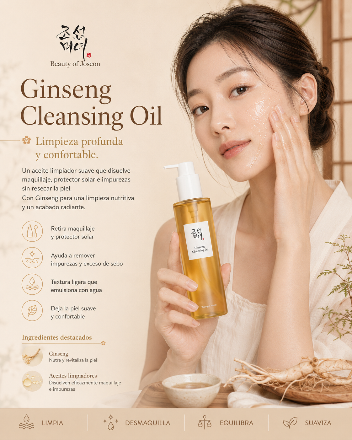 Beauty of Joseon Ginseng Cleansing Oil 210 ml con modelo y beneficios de luminosidad