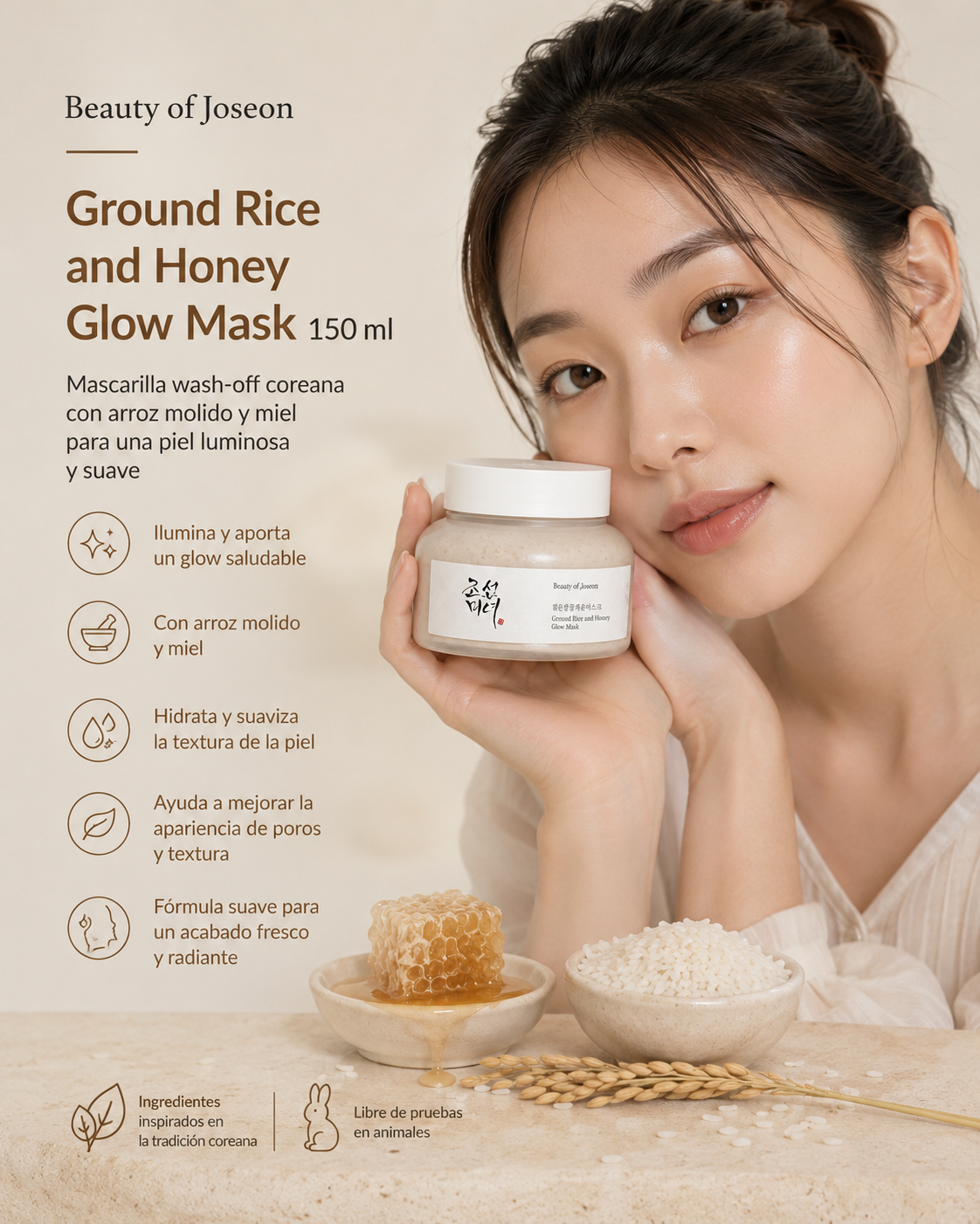 Beauty of Joseon Ground Rice and Honey Glow Mask 150 ml con modelo y beneficios de luminosidad y hidratación