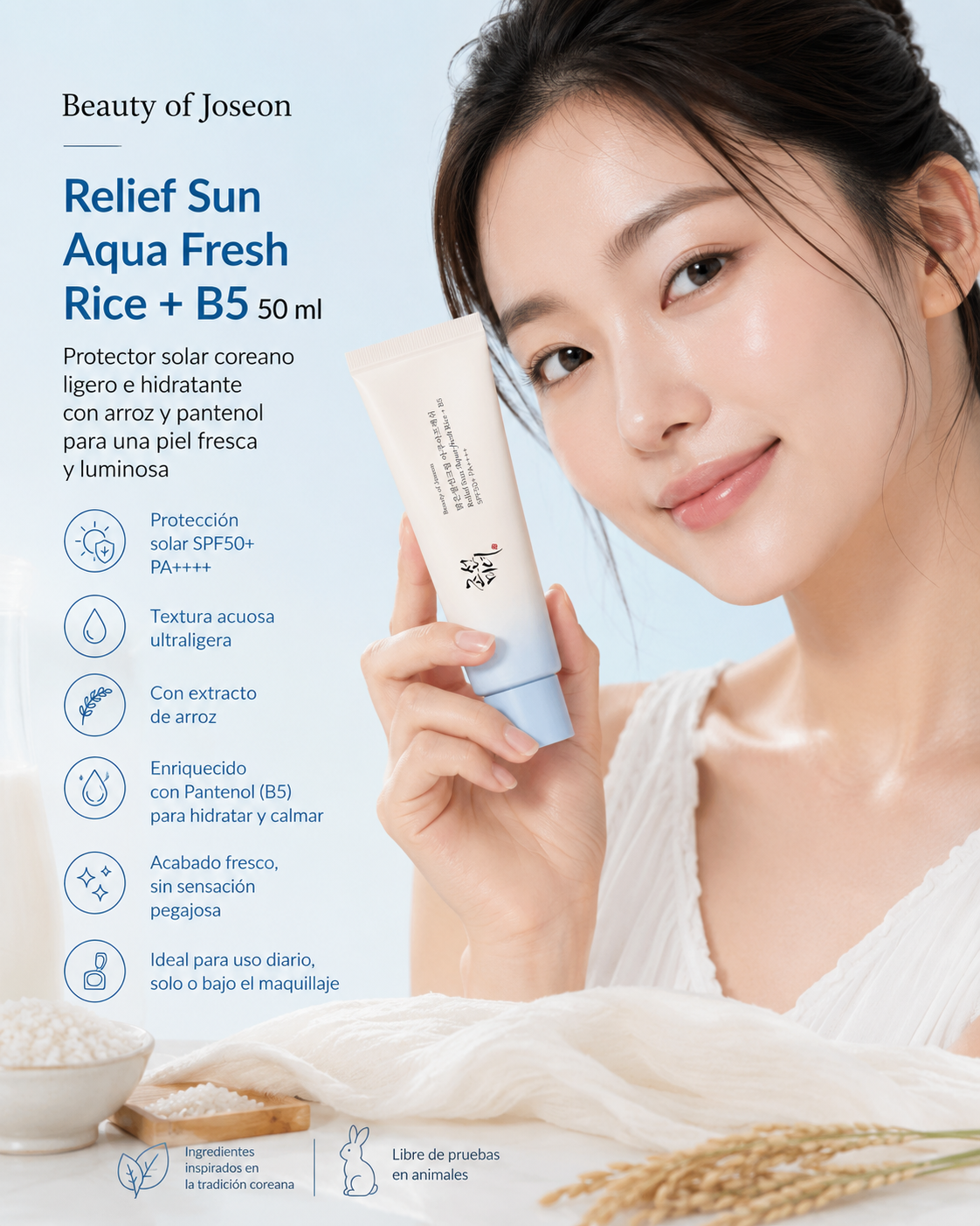 Beauty of Joseon Relief Sun Aqua Fresh Rice + B5 SPF50+ PA++++ 50 ml con modelo y beneficios de luminosidad y hidratación