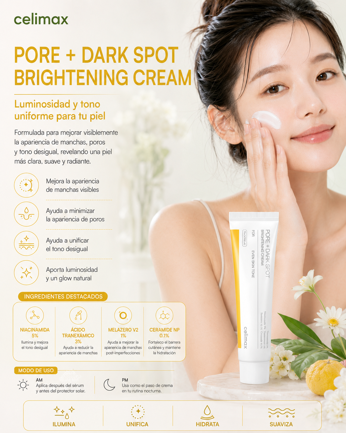 celimax Pore+Dark Spot Brightening Cream 35 ml con modelo y beneficios de luminosidad y poros y textura
