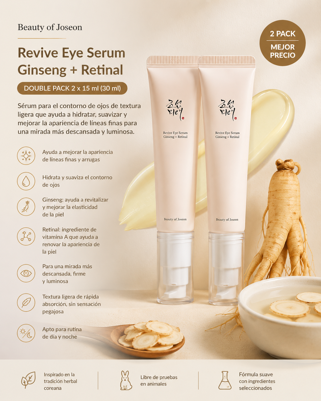 Beauty of Joseon Revive Eye Serum Ginseng + Retinal 30 ml 2 Pack con modelo y beneficios de luminosidad y hidratación