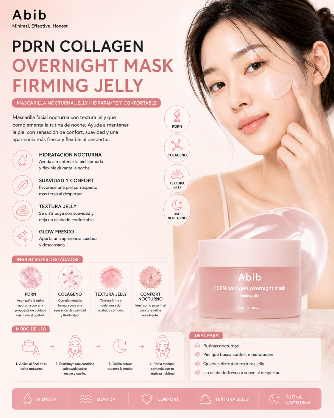 Abib PDRN Collagen Overnight Mask Firming Jelly 80 ml con modelo y beneficios de luminosidad y hidratación