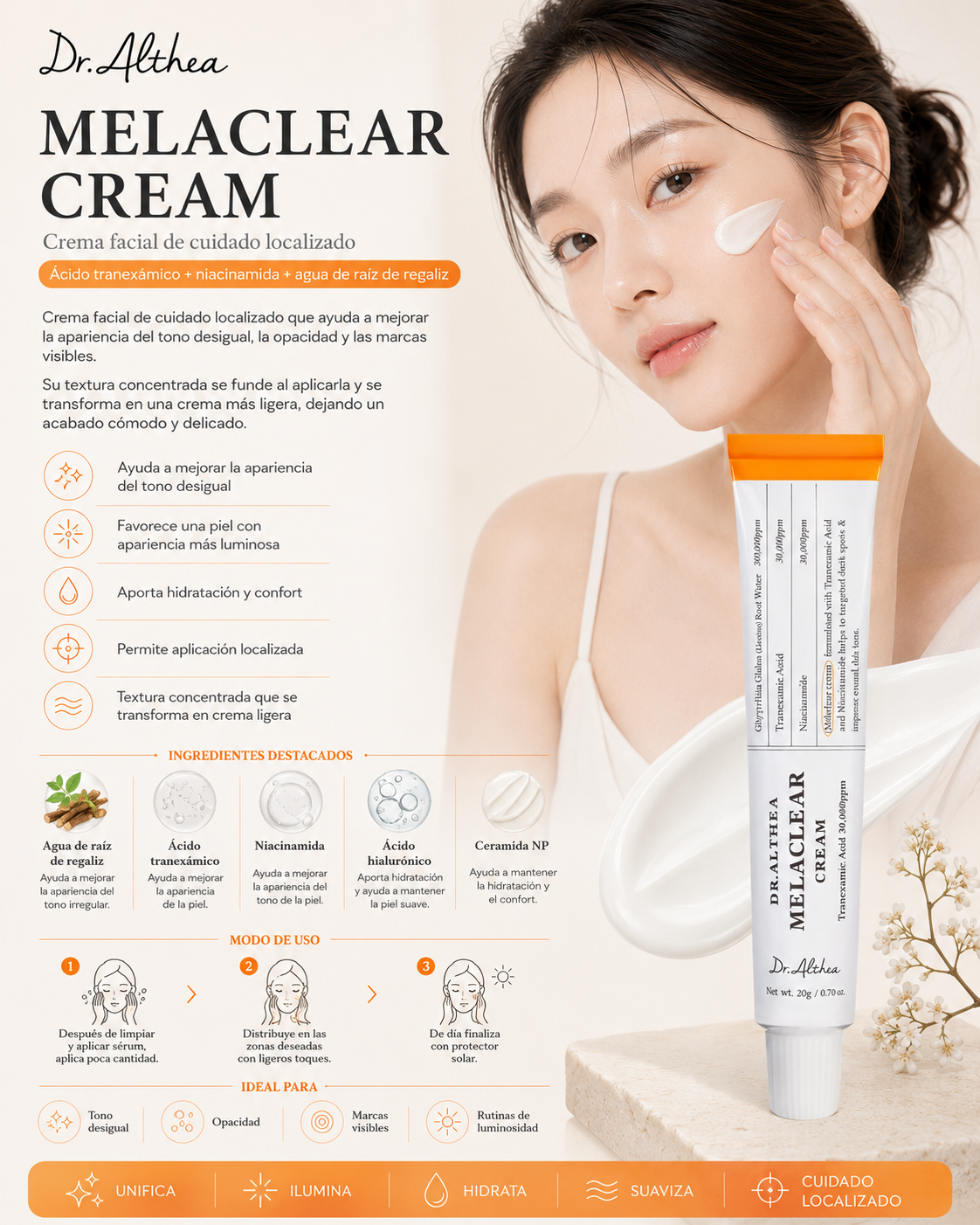 Dr.Althea Melaclear Cream 20 g con ácido tranexámico, niacinamida y agua de raíz de regaliz para el cuidado del tono desigual