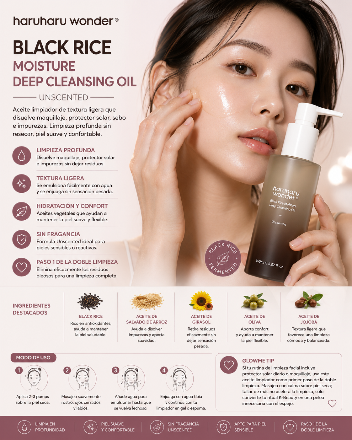 haruharu wonder Black Rice Moisture Deep Cleansing Oil Unscented 150 ml para retirar maquillaje, protector solar, sebo e impurezas en la doble limpieza