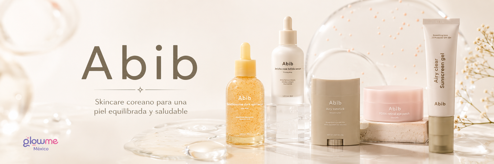 Banner de Abib en Glowme México con productos de skincare coreano para una piel equilibrada y saludable
